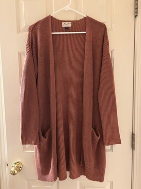 TWO Open-Front Cozy Pocket Cardigan Sweater - Dusty Rose & Cream